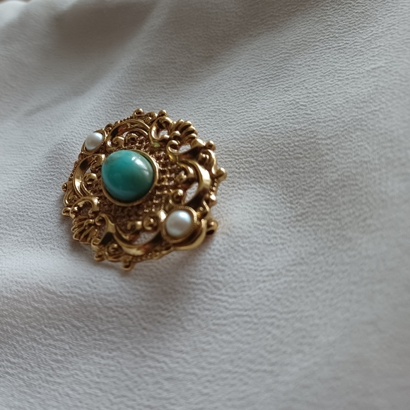 Golden Turquoise Brooch with Pearls - Picture 10 of 12
